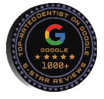 Badge that reads top rated dentist on Google over 1000 5 star reviews